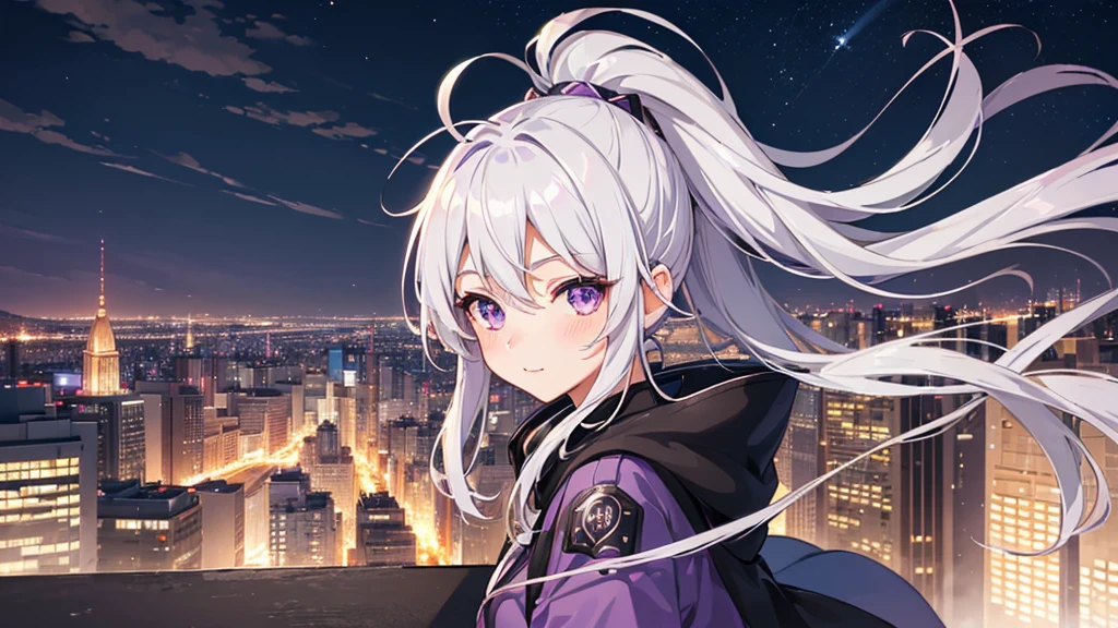 ((Highest quality,High resolution,1080P, 4K)),(silver hair, ahoge, ponytail, purple eyes),(20-year-old,cute),Headphones light smile, blush,anime, anime style,(Delicate night view of the city)