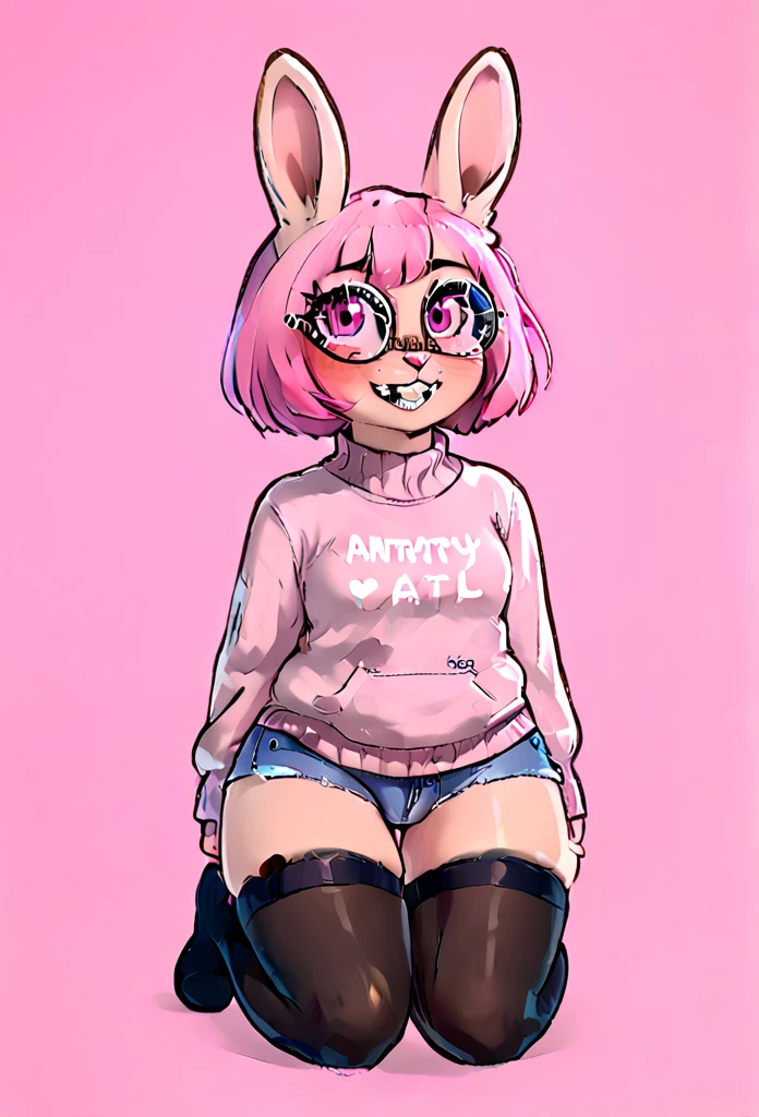 (score_9, score_8_up), score_7_up, score_6_up, score_5_up, score_4_up, Hazel Typh, 1bunny, best quality, furry, brown fur, pink hair, animal ears, gold piercing, heart-shaped pupils, animal nose, pink eyes, hair bun, long tail, expressionless, closed mouth, fangs, puffy sleeves, kneeling, on knees, pink background, looking at viewer, round glasses, beautiful and detailed, girl (((female))) ((anthro)) bunny, (Averi, bunny girl), by waspsalad, by phluks, by zero-sum, bunny, (anthro, fluffy fur, character focus:1.1), anthro bunny, body fur, nice, cute, digital drawing, (half-closed eyes), big eyes, sweater, short shorts, thigh highs, stockings, (hi res), ((masterpiece)), ((best quality)), bunny, female bunny, clean sketch, anthropomorphic bunny, fursona, sharp teeth, big ears, smooth hair, smooth fur, long eyelashes, makeup, thin, chubby face