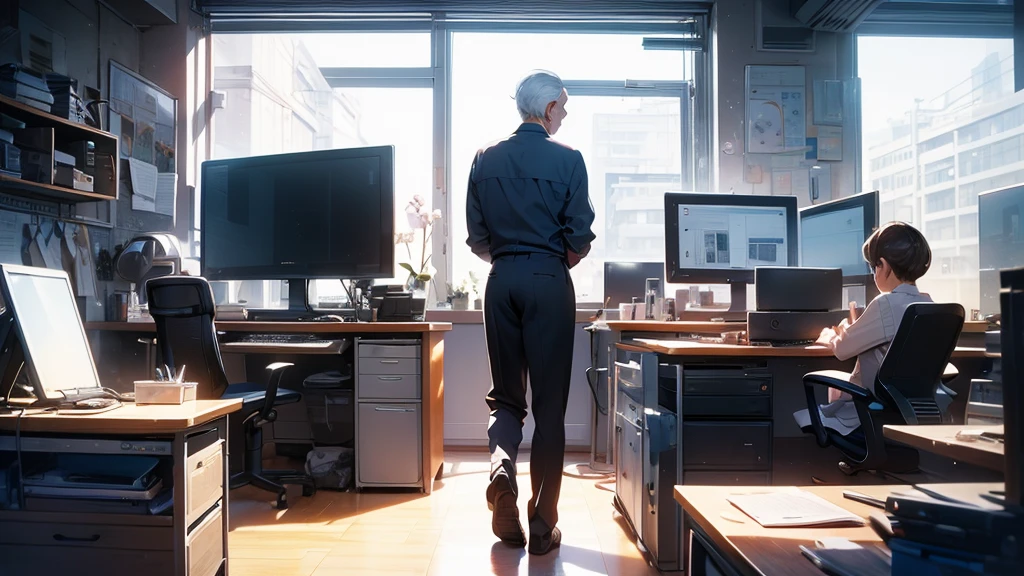 Man in his 50s　Back view　Design studio　Mac computer　Stylish office graphic designer　I&#39;m working　Gray Hair　Back view　Computer work face is small　Man in his 50s　work　Don't show your face　only the back　I don&#39;t wear glasses　Small