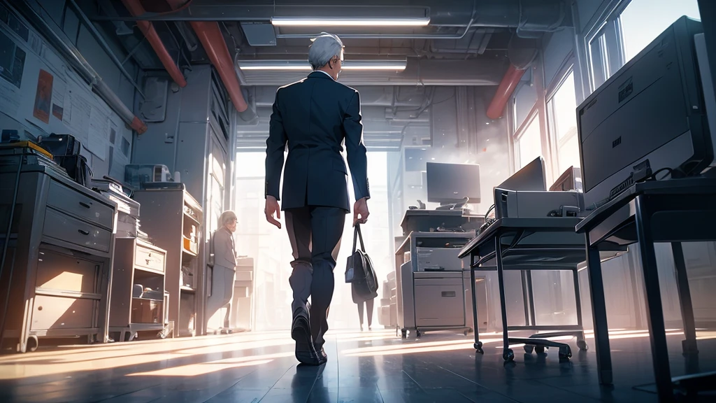 Man in his 50s Back view Design studio Mac computer Stylish office graphic designer I'm working Gray Hair Back view Computer work face is small Man in his 50s work Don't show your face only the back I don't wear glasses Small