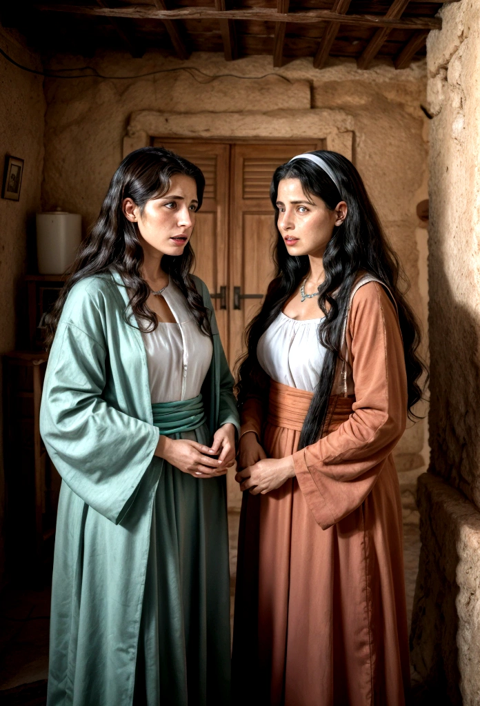 two Israeli women talking in a house, with costumes from the time of Jesus.