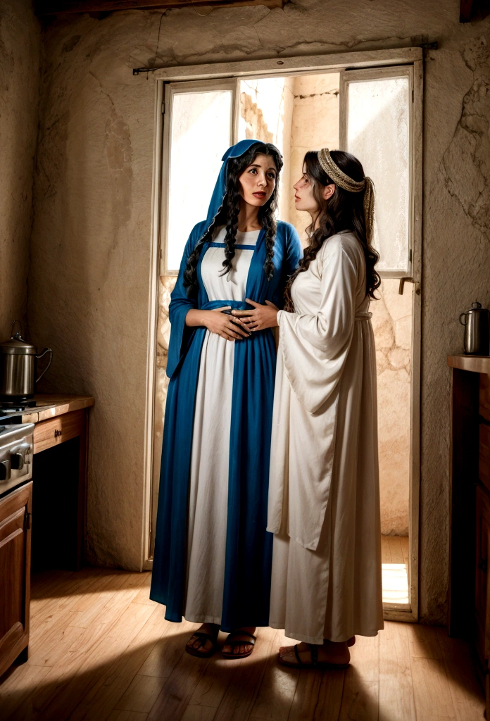 two Israeli women talking in a house, with costumes from the time of Jesus.