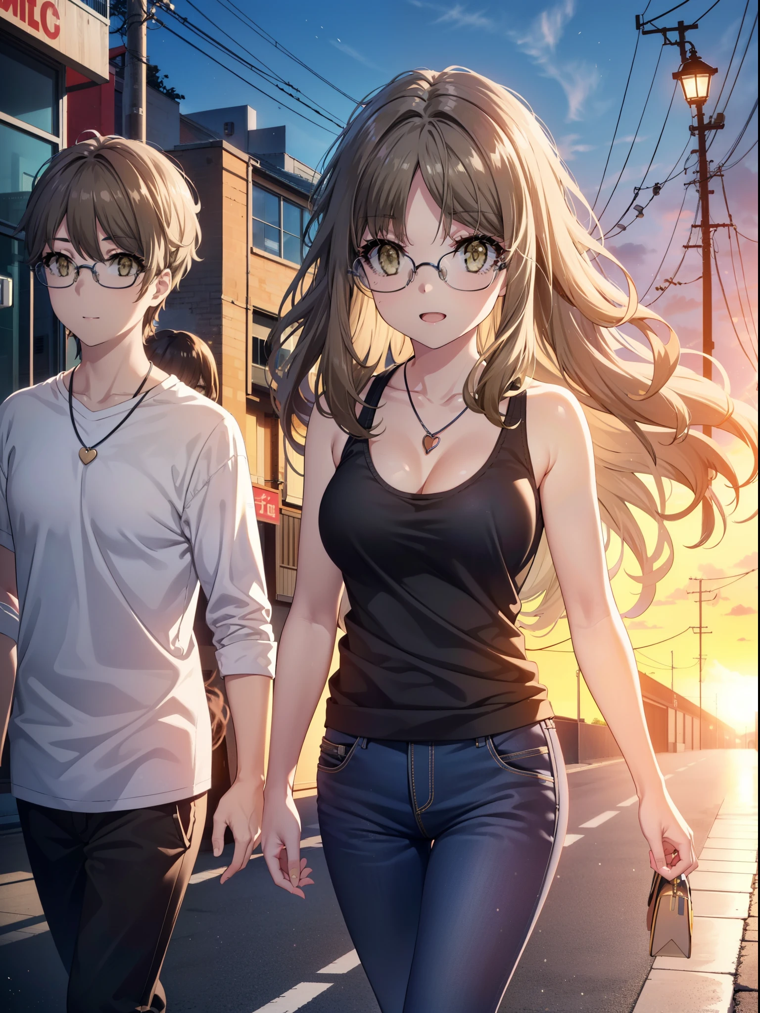 Riofutaba, Rio Futaba, Long Hair, Brown Hair, (Brown eyes:1.5), Glasses,Big Breasts,smile,Open your mouth,Red Tank Top,Heart Necklace,skinny pants,Stiletto heels,Business Back,Walking,morning,morning陽,The sun is rising,whole bodyがイラストに入るように,
break outdoors, Building district,
break looking at viewer, whole body,
break (masterpiece:1.2), Highest quality, High resolution, unity 8k wallpaper, (figure:0.8), (Beautiful attention to detail:1.6), Highly detailed face, Perfect lighting, Highly detailed CG, (Perfect hands, Perfect Anatomy),