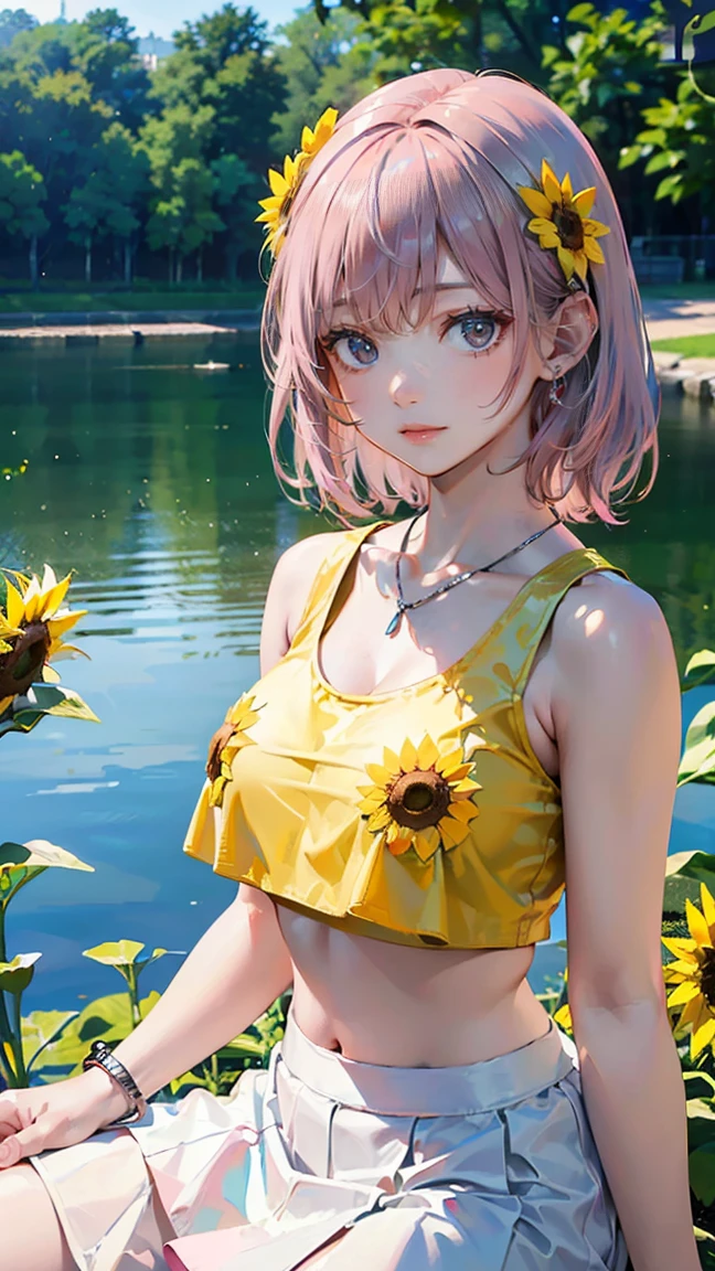 (Masterpiece, BestQuality:1.3), (ultra detailed:1.2), (hyperrealistic:1.3), (RAW photo:1.2), High detail RAW color photo, professional photograph, (Photorealistic:1.4), (realistic:1.4), professional lighting, perfect anatomy, (Big Breasts:1.2), (blush, detailed face), (cheerful Smile:1.5), (Pink Hair:1.5), Trending Hair&Trending Hairカラーをランダムに, earrings, necklace, bracelet, sexly, erotic sexly, Random sexy gravure poses, ((Beautiful woman wearing a sunflower yellow crop top and white skirt、Smiling by the lake、Silver earrings、Sitting on the grass。: 1.3)
