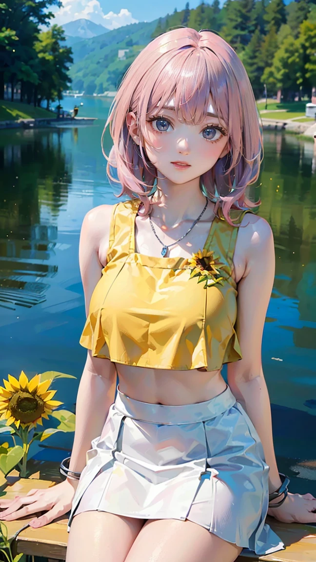 (Masterpiece, BestQuality:1.3), (ultra detailed:1.2), (hyperrealistic:1.3), (RAW photo:1.2), High detail RAW color photo, professional photograph, (Photorealistic:1.4), (realistic:1.4), professional lighting, perfect anatomy, (Big Breasts:1.2), (blush, detailed face), (cheerful Smile:1.5), (Pink Hair:1.5), Trending Hair&Trending Hairカラーをランダムに, earrings, necklace, bracelet, sexly, erotic sexly, Random sexy gravure poses, ((Beautiful woman wearing a sunflower yellow crop top and white skirt、Smiling by the lake、Silver earrings、Sitting on the grass。: 1.3)