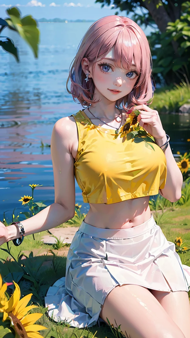 (Masterpiece, BestQuality:1.3), (ultra detailed:1.2), (hyperrealistic:1.3), (RAW photo:1.2), High detail RAW color photo, professional photograph, (Photorealistic:1.4), (realistic:1.4), professional lighting, perfect anatomy, (Big Breasts:1.2), (blush, detailed face), (cheerful Smile:1.5), (Pink Hair:1.5), Trending Hair&Trending Hairカラーをランダムに, earrings, necklace, bracelet, sexly, erotic sexly, Random sexy gravure poses, ((Beautiful woman wearing a sunflower yellow crop top and white skirt、Smiling by the lake、Silver earrings、Sitting on the grass。: 1.3)