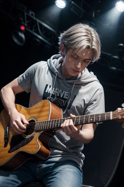man playing guitar on a stage with a lot of audience, grey hair, short hair, hood, amber eyes, puckered lips, Futurism, motion blur, social media composition, retina, masterpiece, high quality, 1080P, highres, HD