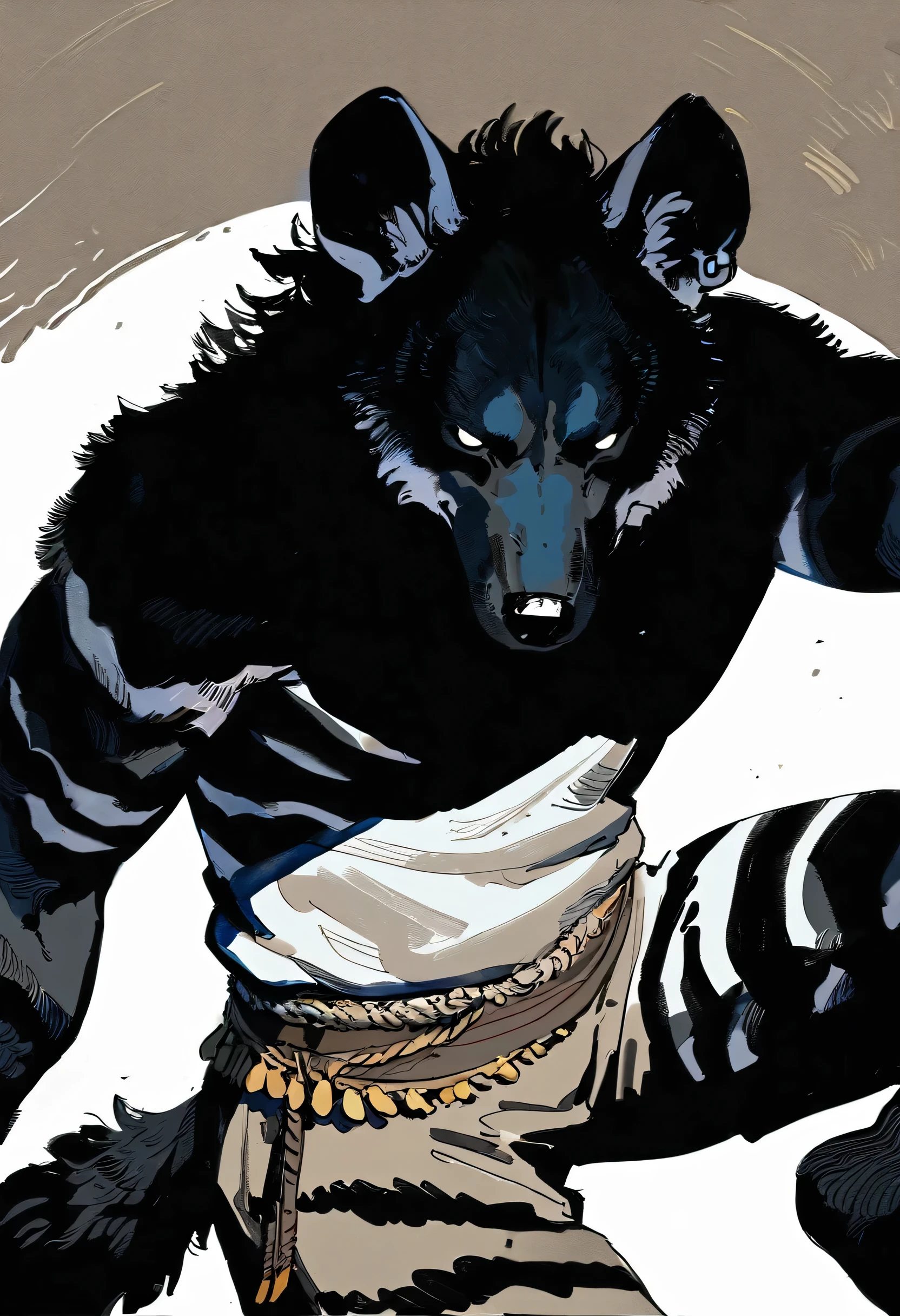 solo, male, anthro, ((Striped Hyena)), by seyorrol, digital artwork, (powerful silhouette, mysterious shadows:1.5), realistic shading, (perfect hands), (epic, masterpiece, high quality, 8k, ultra HD, absurd res, top quality, best quality, max quality, masterpiece), (((sexy, (masculine body)))), muscular, (tail), (fur), (sunken eyes, baggy eyes, angry), (((detailed eyes, staring at viewer))), ((mature male)), (dark stripes), (half body), (tribal armor), ((dynamic lighting)),