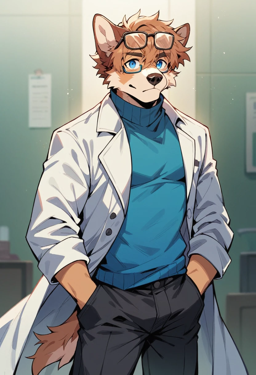 anthro ,Solo male, Furry, Dog, Light brown hair, messy auburn hair, blue eyes, scientist, Glasses on his head, Navy blue sweater, black trousers, white coat,
