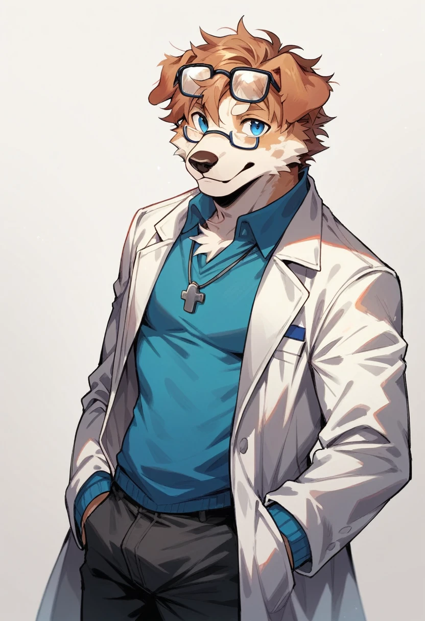 anthro ,Solo male, Furry, Dog, Light brown hair, messy auburn hair, blue eyes, scientist, Glasses on his head, Navy blue sweater, black trousers, white coat,