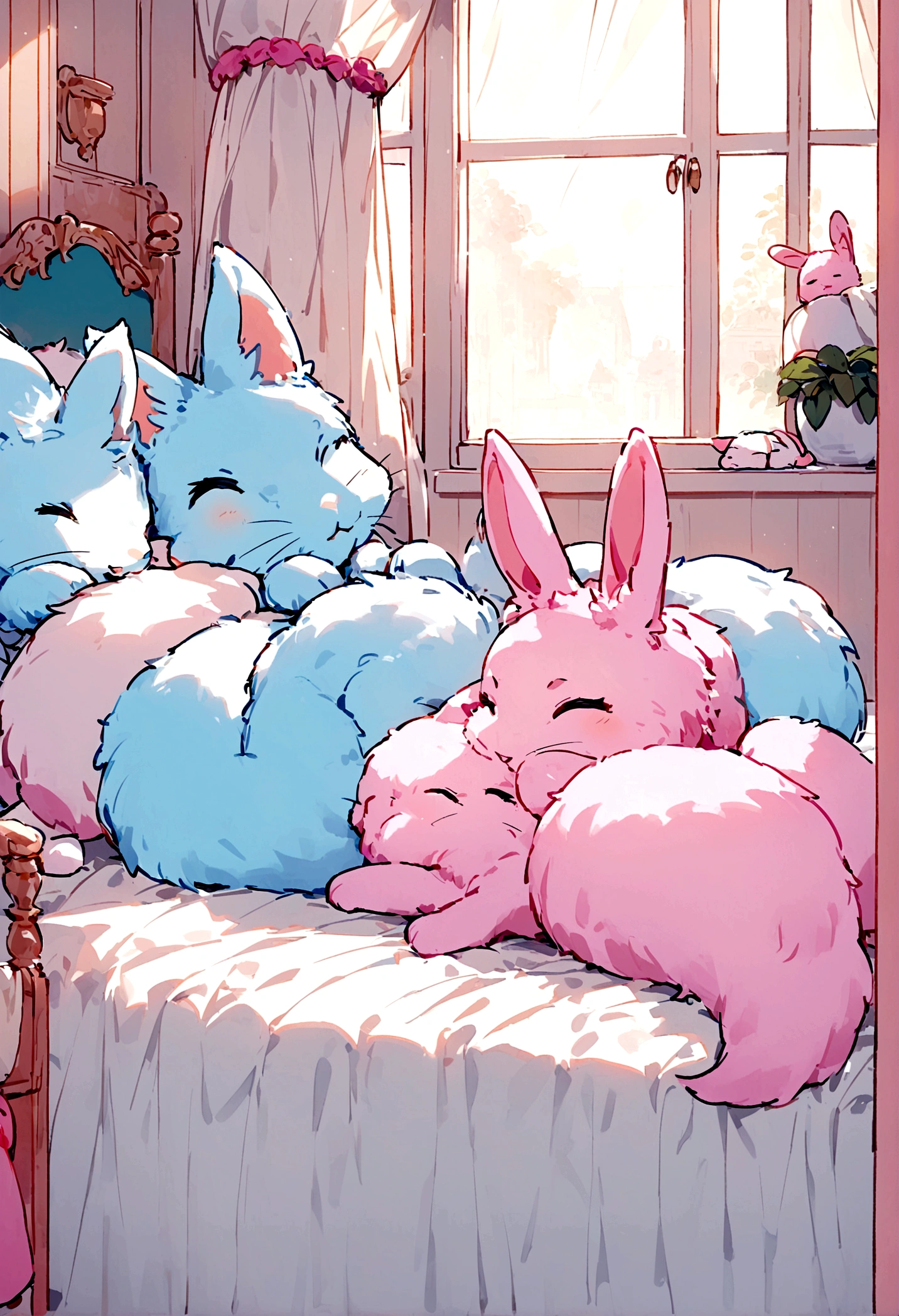 Sky blue body,Pale green pupils,The pattern is trimmed at the knees and chest,There are pink meat pads on the forehead,The forehead has a white pattern on the edge of the diamond,Dull hair,Wolf with bells,fullbody naked(Contains reproductive organs),Background making love in bed