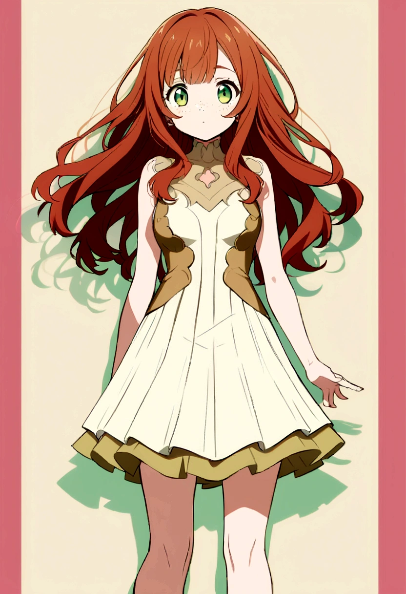 character, anime girl, white with freckles on the body. green eyes. redhead, groomed hair. Pasted date dress with brown and cream colors, degraded. Brilliants. whole body. small image.
