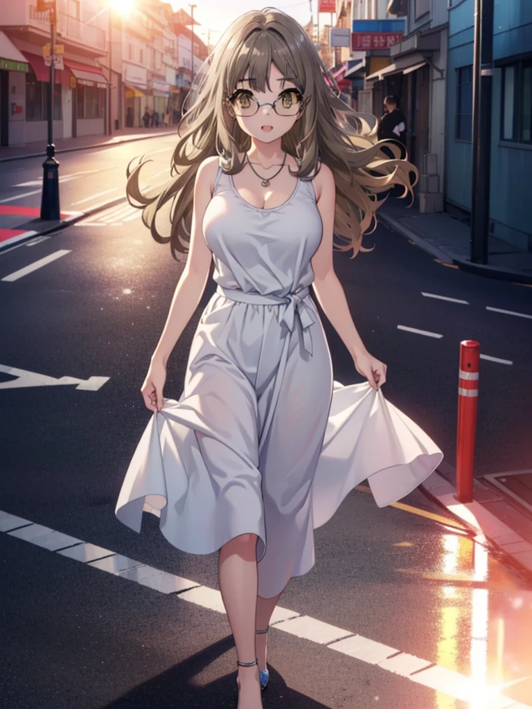 Riofutaba, Rio Futaba, Long Hair, Brown Hair, (Brown eyes:1.5), Glasses,Big Breasts,smile,Open your mouth,Red Tank Top,Heart Necklace,Long skirt,Stiletto heels,Business Back,Walking,morning,morning陽,The sun is rising,whole bodyがイラストに入るように,
break outdoors, Building district,
break looking at viewer, whole body,
break (masterpiece:1.2), Highest quality, High resolution, unity 8k wallpaper, (figure:0.8), (Beautiful attention to detail:1.6), Highly detailed face, Perfect lighting, Highly detailed CG, (Perfect hands, Perfect Anatomy),