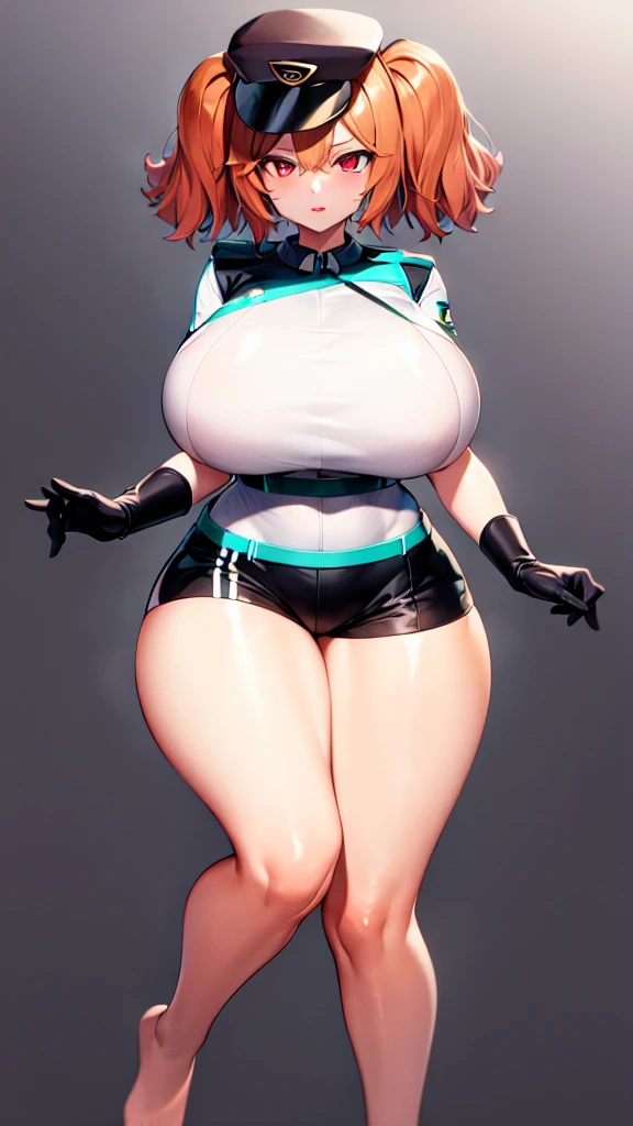 One Girl, alone, Huge breasts, Tight waist, Red eyes,Cerberus_(base),  Official Alternative Costumes, Shiny skin, Oily skin, gloves, (Simple Background:1.6), white gloves,Both sides up, Short shorts, police, police uniform,  Black shorts, policewoman, Garrison Cap, ((Thick thighs, Voluptuous thighs)), whole body, feet, (From the side:0.7),