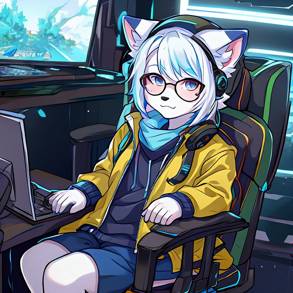 arctic fox, mascle, yellow jacket, moss green cap, wearing glasses, sitting on an economical chair, using gaming headphones, fluffly, white hair with light blue tips, gamer, 独奏, half of the body