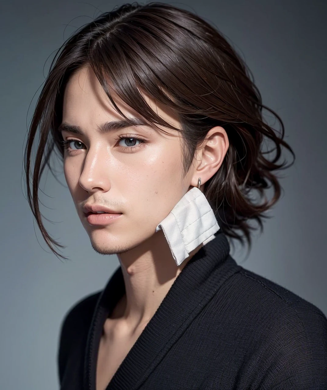 male face, well defined features, no errors and hair at the root of the neck , hacer el cabello un poco mas largo, NO VELLO FACIAL