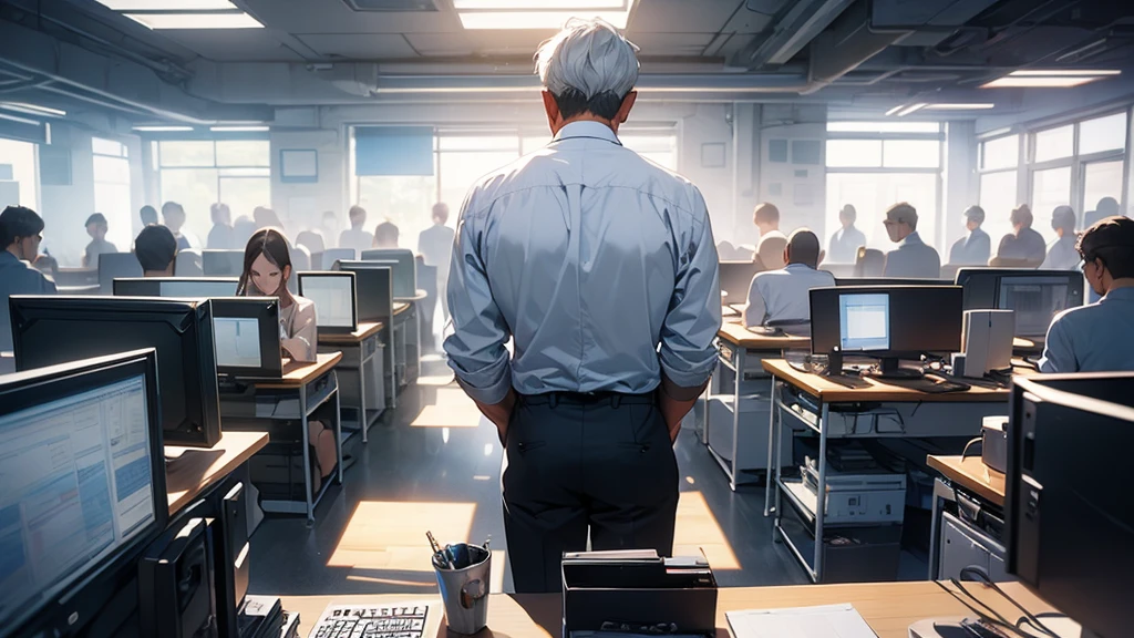 Man in his 50s Back view Design studio Mac computer Stylish office DTP Graphic Designer I'm working Gray Hair Back view Computer work face is small Man in his 50s work Don't show your face only the back I don't wear glasses Chubby 27 inch monitor