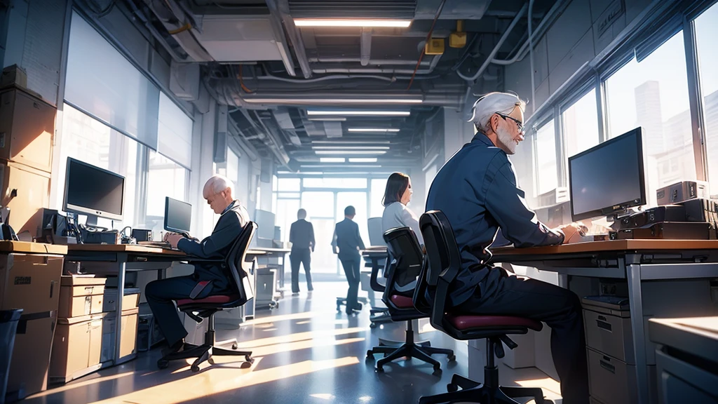 Man in his 50s Back view Design studio Mac computer Stylish office DTP Graphic Designer I'm working Gray Hair Back view Computer work face is small Man in his 50s work Don't show your face only the back I don't wear glasses Chubby 27 inch monitor