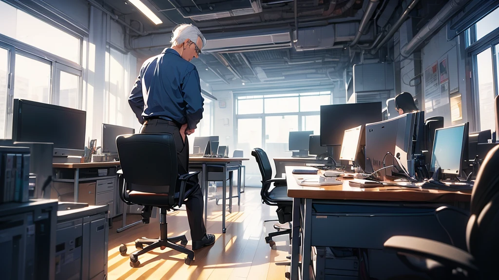 Man in his 50s Back view Design studio Mac computer Stylish office DTP Graphic Designer I'm working Gray Hair Back view Computer work face is small Man in his 50s work Don't show your face only the back I don't wear glasses Chubby 27 inch monitor