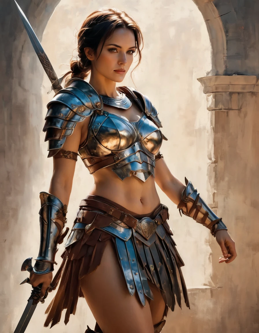 smooth lines, Express expressions and postures through ink contrast, The background is simple. emphasize light, shadow and space. ((full body):1.3), Drawing of Mature beauty. ((Detailed eye):1.3),((fresh)), wearing gladiator armor, painting, (best quality,4K,8k,high resolution,masterpiece:1.2),Super detailed,(actual,photoactual,photo-actual:1.37).