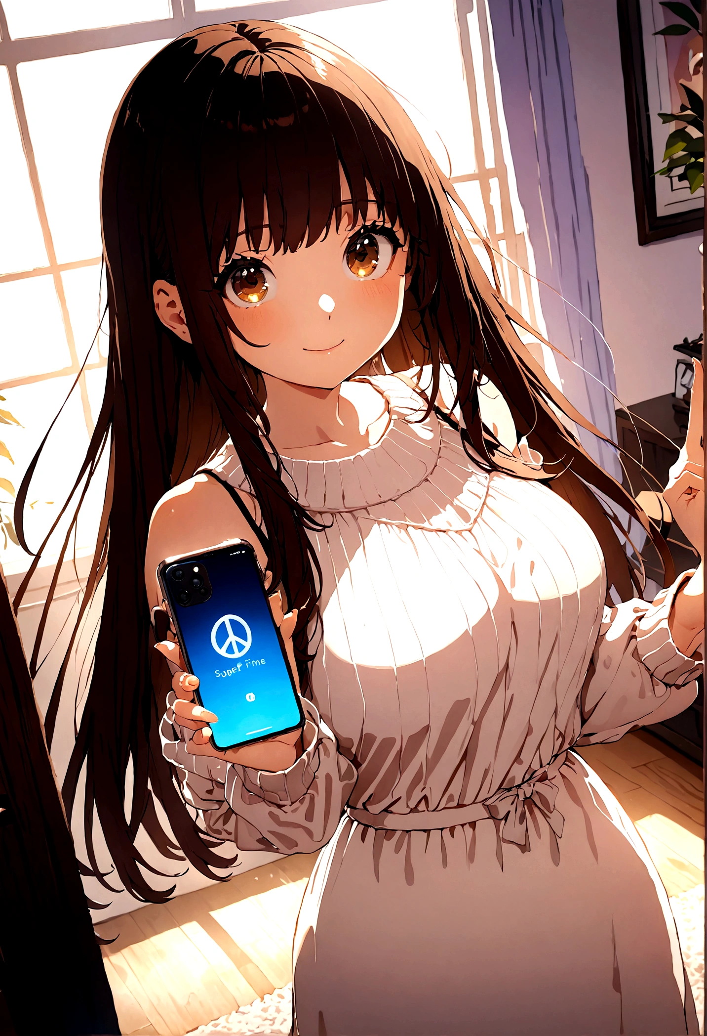 ((1girl)),  super fine illustration, vibrant colors, absurdres extremely detailed CG, 8k wallpaper, (masterpiece:1.3), dynamic angle, dynamic pose, 
best quality, depth of field, cinematic lighting, ultra detailed, brown long hair, very straight hair, large breast, white knit dress , 20yo, cute, very , brown eyes, kawaii, smile, droopy eyes, arms at sides, smartphone, modern living room, peace fingers, The screen of the smartphone in his hand is facing towards me