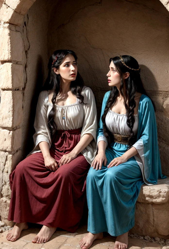 two Israeli women talking in a house, with costumes from the time of Jesus.
