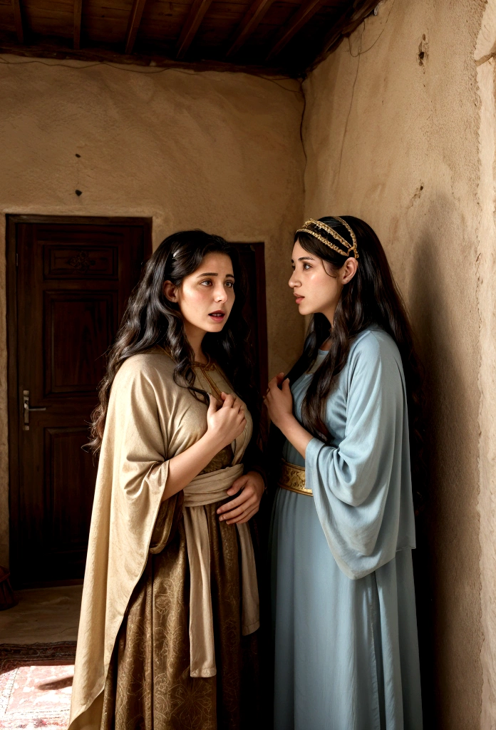 two Israeli women talking in a house, with costumes from the time of Jesus.