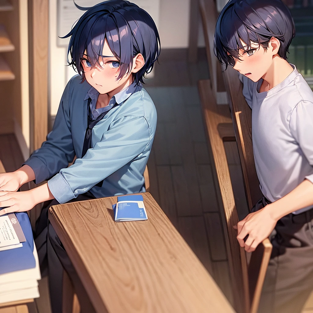 adolescent male, dark blue hair blushing while nervous with books in hand at a school