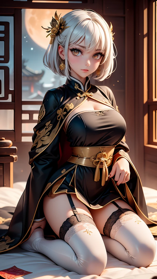 A very beautiful 19 year old woman, ((white hair)), bob haircut, shorth hair, ((big yellow eyes:1,2)) ((light light golden eyes:0,3)) ((Glowing gold Eyes:0,3)) red nails, young and beautiful face, brawny, slim body, but well proportioned, perfect white skin, high detailed drawing, lifelike face. (((Wearing traditional Chinese imperial clothing, black with gold decorations:1,5))) ((black clothes with gold details:0,5)) ((black cloak with golden decorations:0,5)) ((black dress with gold details,)) (((red skirt with gold details:1,5))) ((red skirt with gold details:0,5)) ((with red Hanafuda earrings:0,5)) ((black garter belt with thigh high stockings:0,3)) Kneeling on a white bed in an ancient Chinese room, with full moon and stars visible through the window at night, with flashes of light reflecting off your body. 4k anime art, perfect lighting.