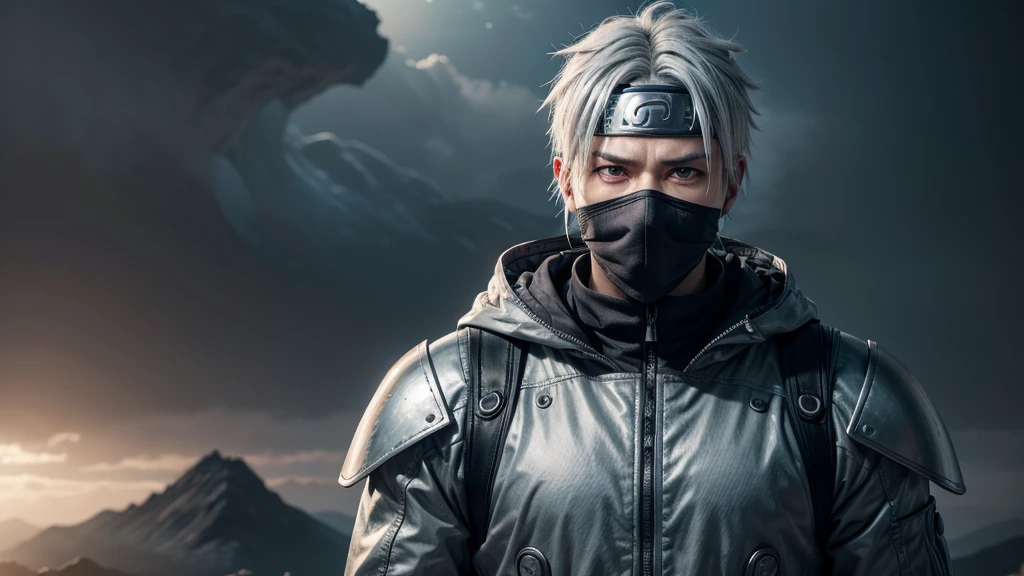 a man with gray hair and a mask, kakashi hatake from the anime naruto, standing with his arms open, beautiful detailed eyes, extremely detailed face, detailed clothing, detailed background, fantasy landscape, glowing energy, cinematic lighting, dramatic colors, digital art, concept art, 8k, high resolution, photorealistic, masterpiece