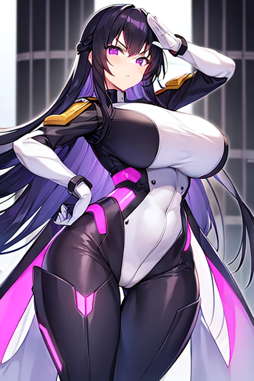 1girl, black hair, long hair, serious, salute, purple eyes, white bodysuit, bodysuit, huge breasts, breasts, futuristic, tech, science-fiction, machinery, mature female, thick thighs, long sleeves,
