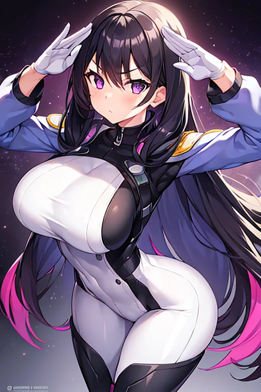 1girl, black hair, long hair, serious, salute, purple eyes, white bodysuit, bodysuit, huge breasts, breasts, futuristic, tech, science-fiction, machinery, mature female, thick thighs, long sleeves, 