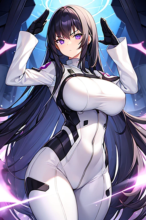 1girl, black hair, long hair, serious, salute, purple eyes, white bodysuit, bodysuit, huge breasts, breasts, futuristic, tech, science-fiction, machinery, mature female, thick thighs, long sleeves, 
