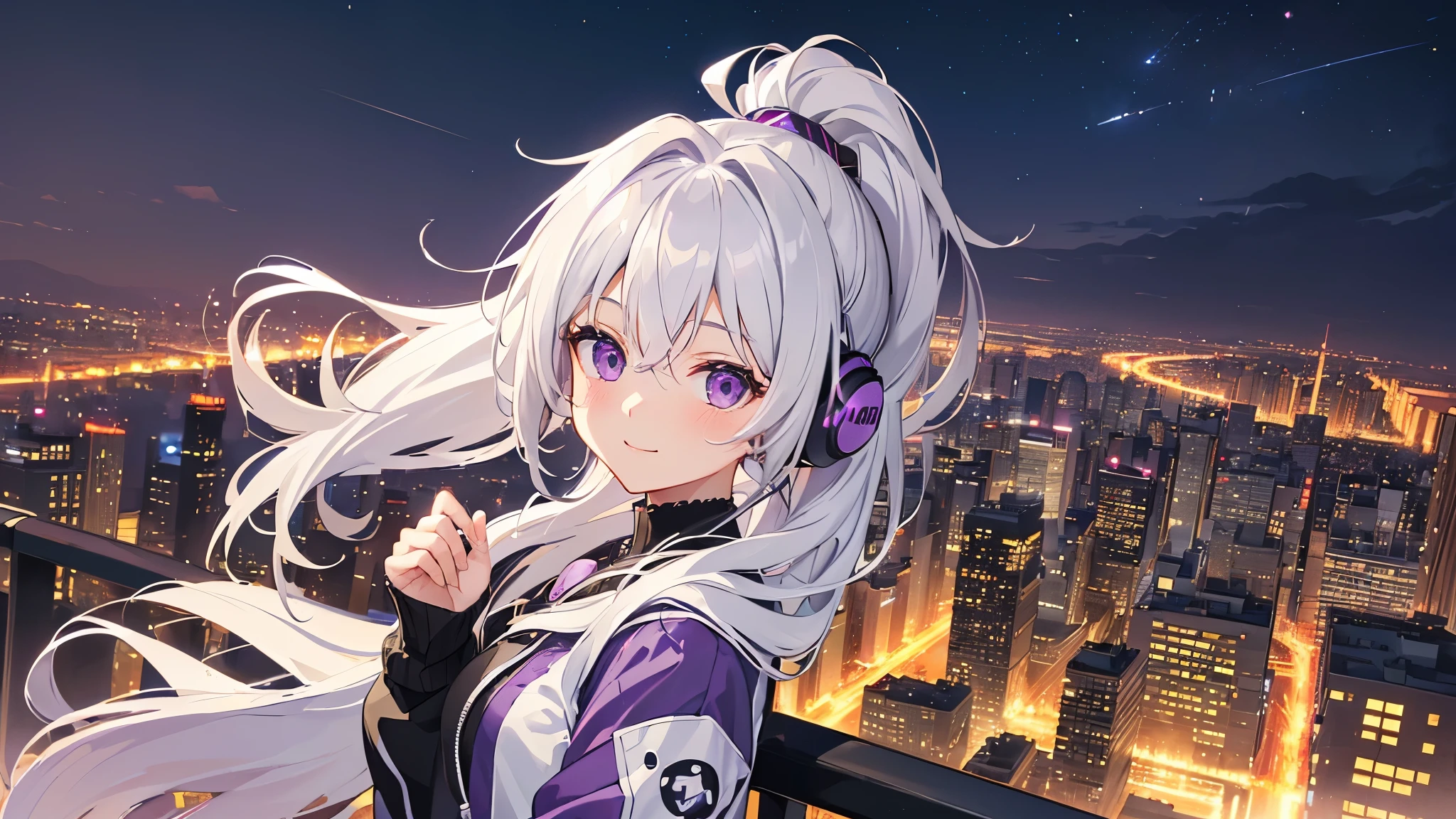 ((Highest quality,High resolution,1080P, 4K)),(silver hair, ahoge, ponytail, purple eyes),(20-year-old,cute),(Headphones),light smile, blush,anime, anime style,(Delicate night view of the city)