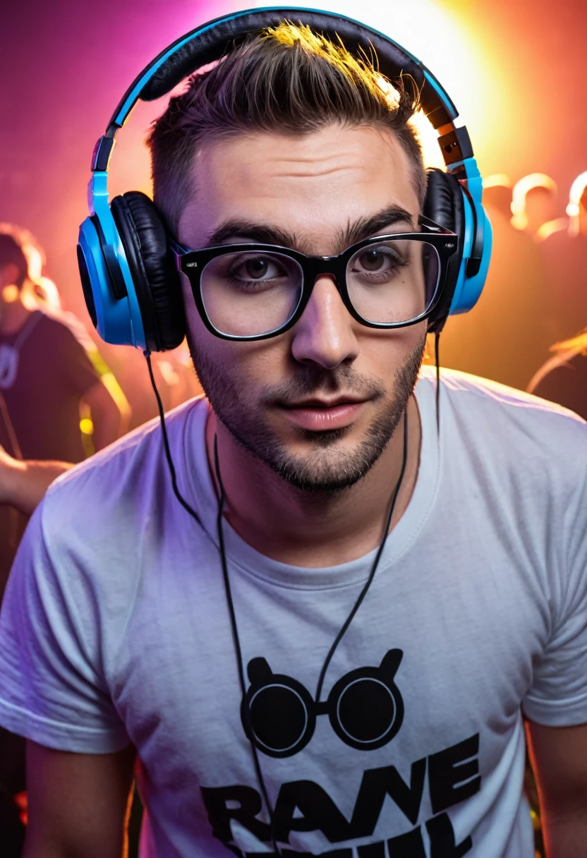 naughty man, 25 year old DJ, with large headphone jack, big glasses, putting sound at a rave party, ultrarealistic