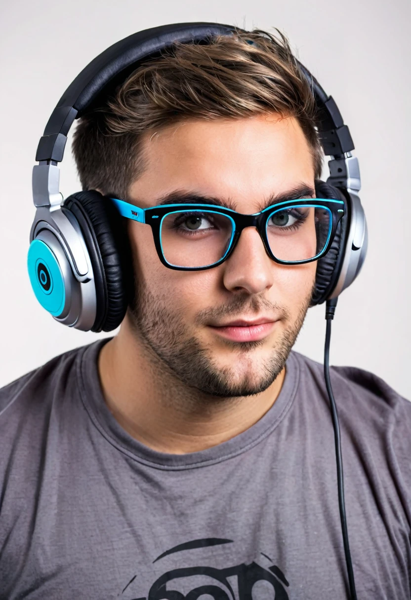 naughty man, 25 year old DJ, with large headphone jack, big glasses, putting sound at a rave party, ultrarealistic