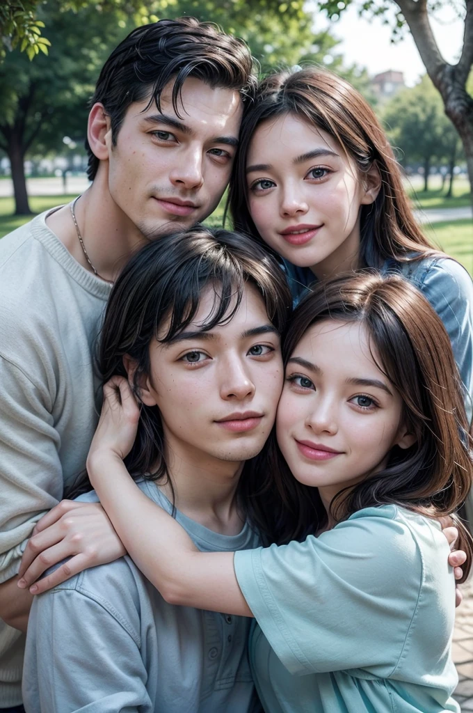 Description: Please, generates a realistic image that shows a complete family made up of a man and a woman who love each other and their two children. They should look very happy and cheerful. The family must have a middle class appearance, specifically from Italo-Argentinos. The background must show a park on a sunny day and must be seen well. Make sure there is good lighting.
colors: Use the following color palette:
light blue: #69CDFA White Additional Details:
Make sure family members look happy and affectionate with each other.
The scene must be detailed and visually attractive, capturing the warmth and happiness of family.
The background must represent a park on a sunny day and must be seen well.
The overall image must be realistic, visually attractive and refined.
The family must have the appearance of European-Argentines, specifically Italian-Argentinian.
Take your time to ensure the image is highly detailed and well crafted.