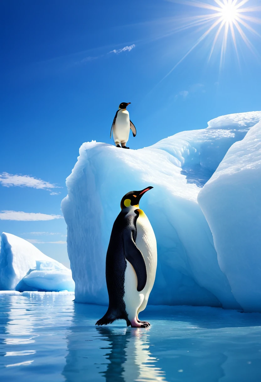 Emperor penguin standing on an iceberg、Sunny midsummer sky、