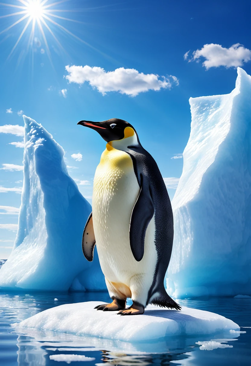 Emperor penguin standing on an iceberg、Sunny midsummer sky、