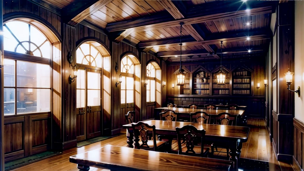 A cozy tavern in a medieval fantasy city, known as 'Night Sky Tavern', with a warm and inviting interior. The tavern is filled with wooden tables and chairs, a fireplace crackling in the corner, and shelves lined with bottles. Starry light streams through the windows, casting a magical glow. A female traveler sits at a table, enjoying a drink. She has long, dark hair, tan skin, and wears a cloak and adventurer's gear.
