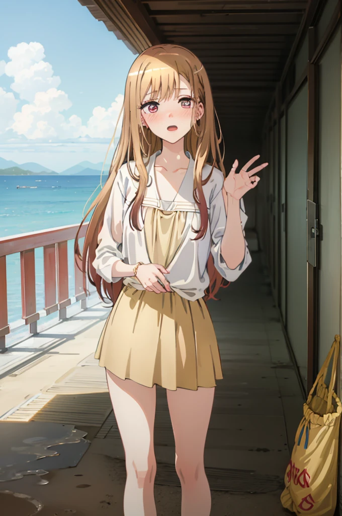 Light brown hair、bikini姿、???bikini姿、Random pose、bikini、Light brown hair、Semi-long hair、Pale red eyes、Random pose、Seaside Road、Sea view road、Blushing、Embarrassed expression、、Pale purple eyes、、Blushing、lipstick、Perfect hands、Detailed hands