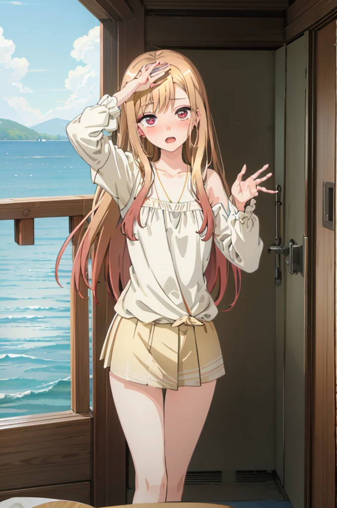Light brown hair、bikini姿、エッチbikini姿、Random pose、bikini、Light brown hair、Semi-long hair、Pale red eyes、Random pose、Seaside Road、Sea view road、Blushing、Embarrassed expression、、Pale purple eyes、、Blushing、lipstick、Perfect hands、Detailed hands