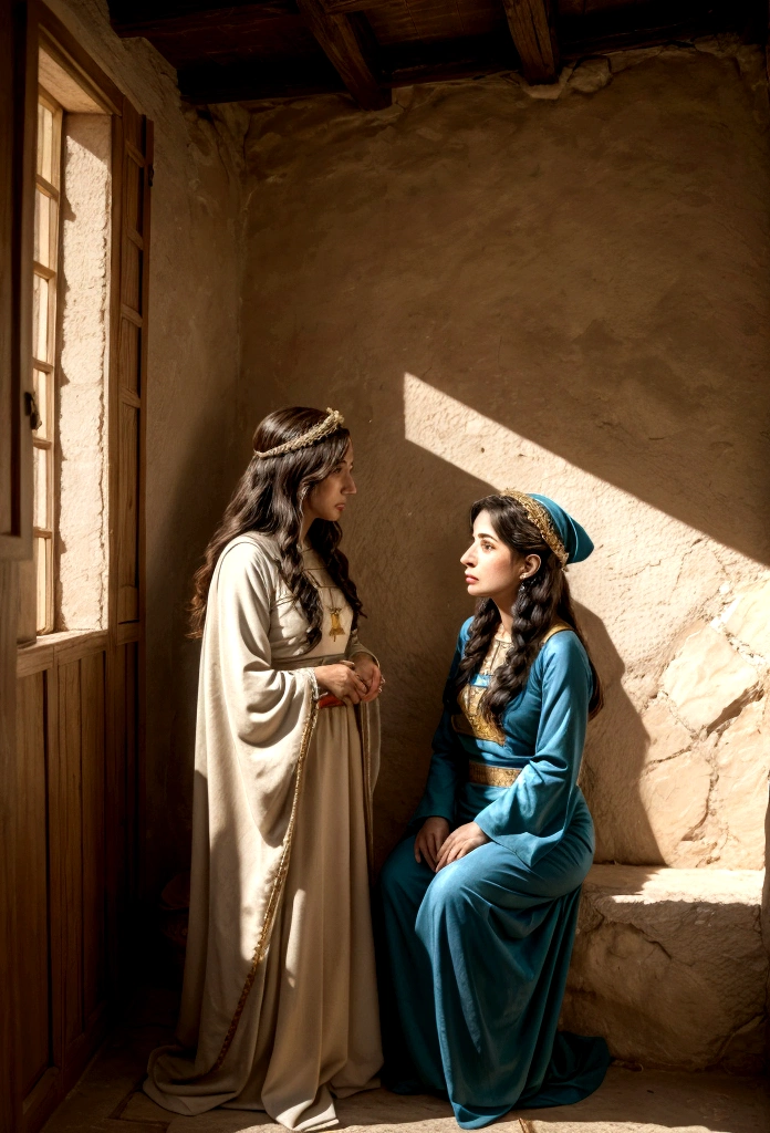 two Israeli women talking in a house, with costumes from the time of Jesus.