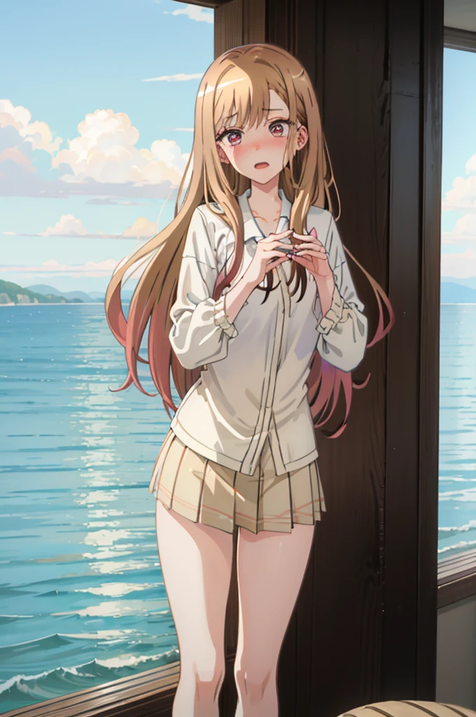 Light brown hair、bikini姿、エッチbikini姿、Random pose、bikini、Light brown hair、Semi-long hair、Pale red eyes、Random pose、Seaside Road、Sea view road、Blushing、Embarrassed expression、、Pale purple eyes、、Blushing、lipstick、Perfect hands、Detailed hands
