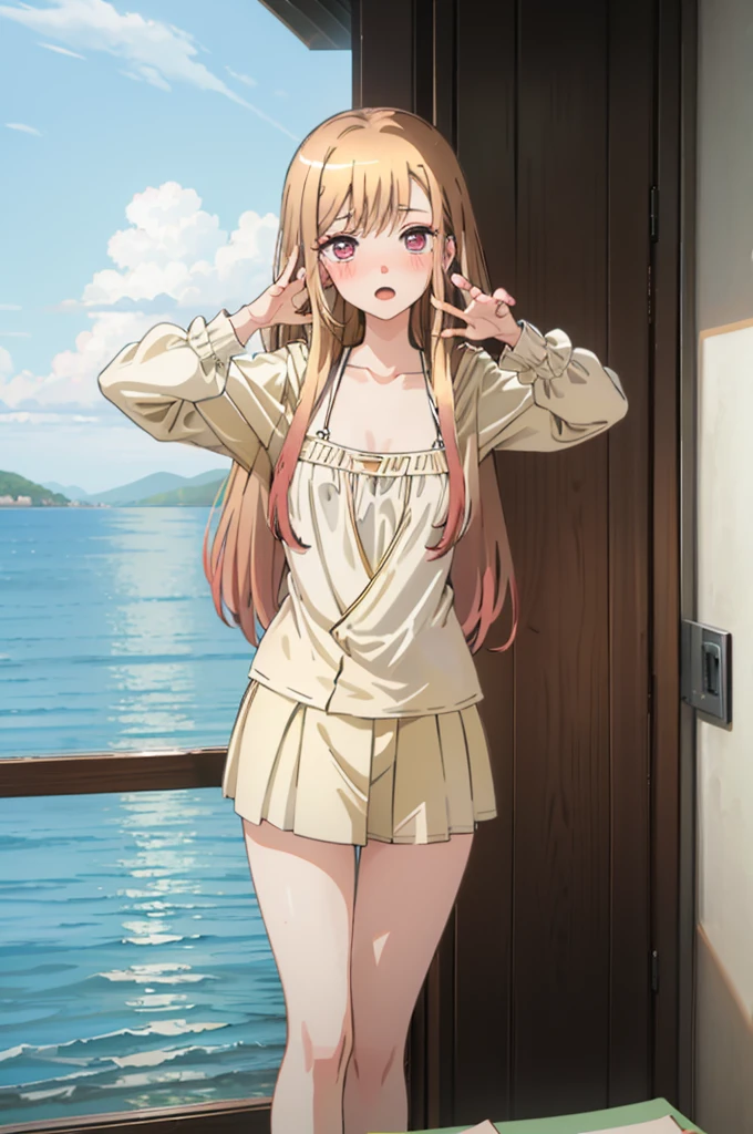 Light brown hair、bikini姿、エッチbikini姿、Random pose、bikini、Light brown hair、Semi-long hair、Pale red eyes、Random pose、Seaside Road、Sea view road、Blushing、Embarrassed expression、、Pale purple eyes、、Blushing、lipstick、Perfect hands、Detailed hands