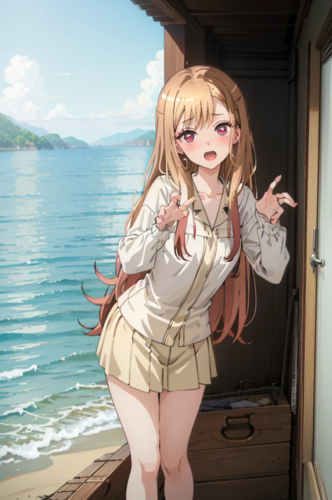 Light brown hair、bikini姿、エッチbikini姿、Random pose、bikini、Light brown hair、Semi-long hair、Pale red eyes、Random pose、Seaside Road、Sea view road、Blushing、Embarrassed expression、、Pale purple eyes、、Blushing、lipstick、Perfect hands、Detailed hands