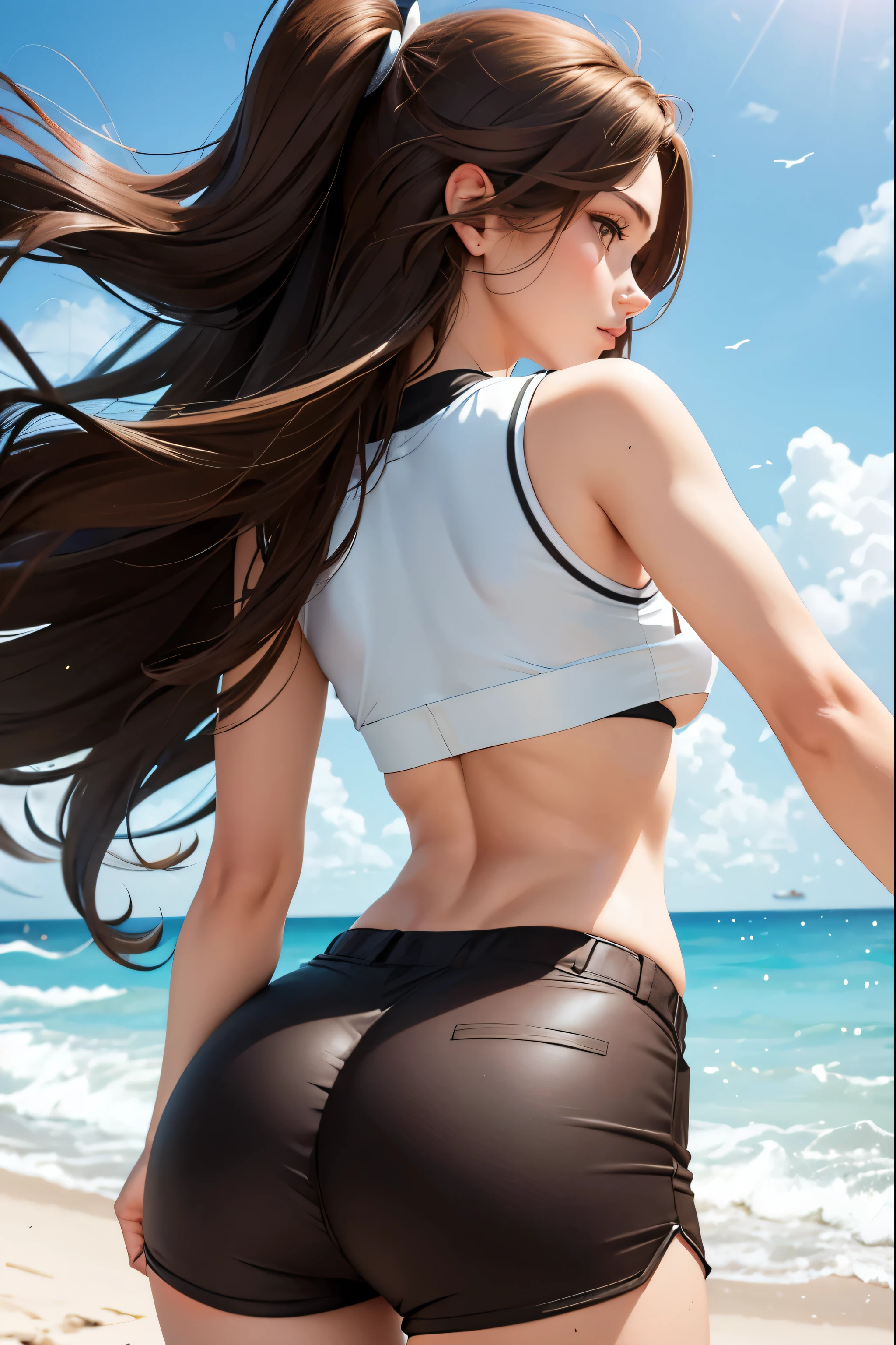 Woman, Brown Hair, Long Hair, Dolphin Shorts, Round Butt, Crop Top, Underboob, Rearview, from behind, Windy Day
