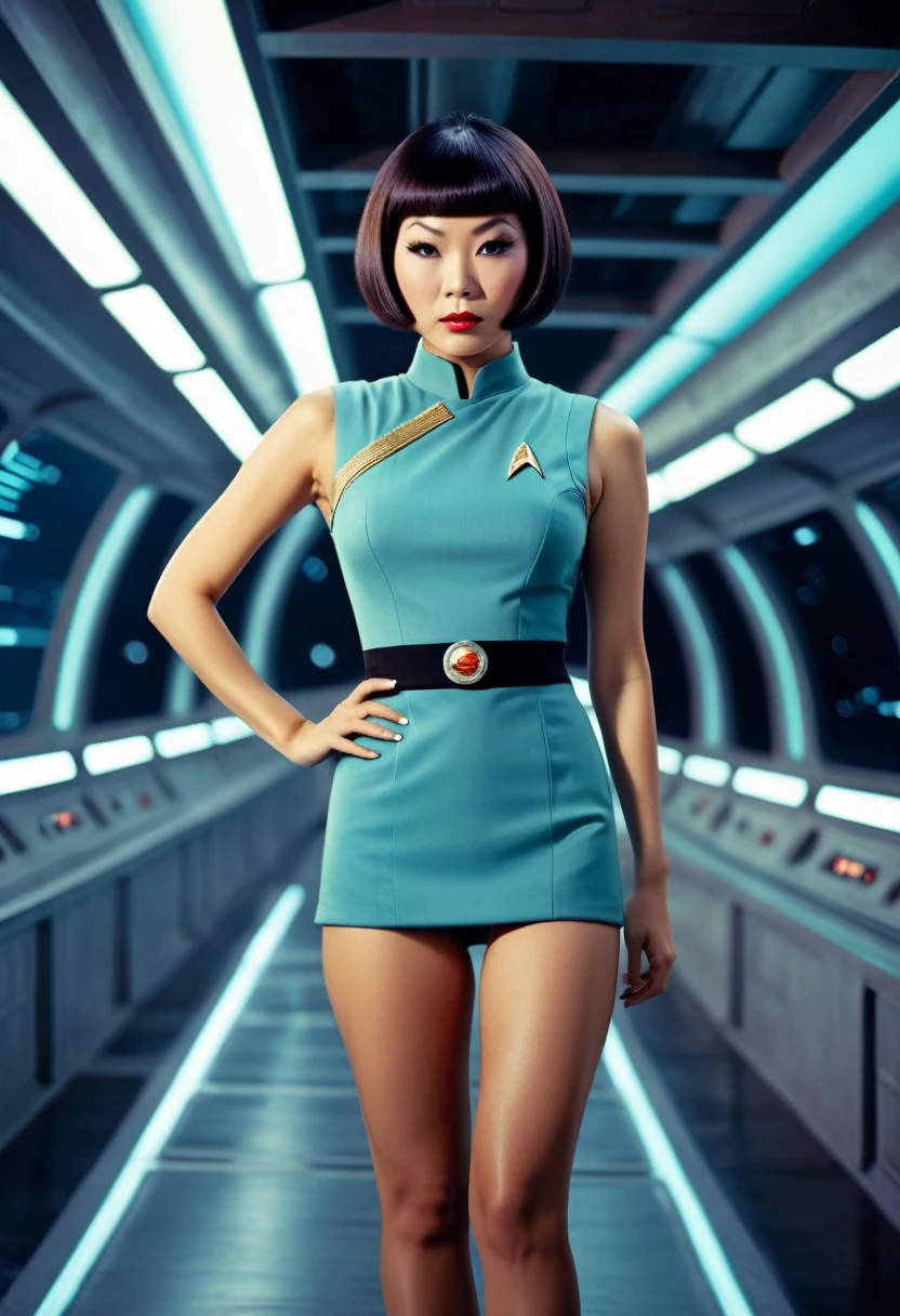 ((wearing star trek original series 60s/70s one piece sexist sexy short mini dress) (bridge crew uniform )) (asian-european, half-asian crew member with bob haircut and slim figure) ((in the style of a retro-futuristic, retro-scifi film set, pulp scifi book cover) ((in the style of a movie, soft focus, cinematic, pulp, film grain)