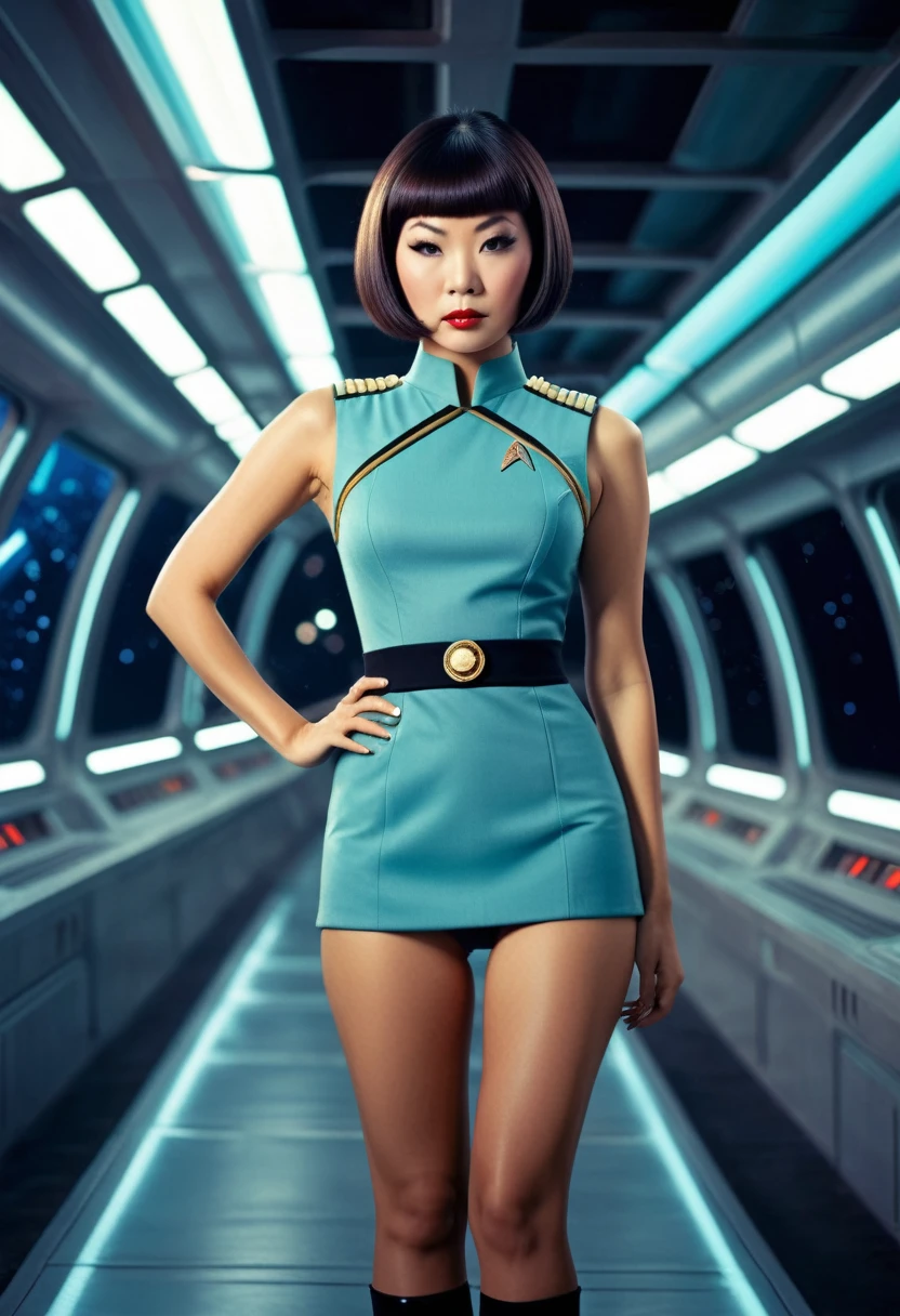 ((wearing star trek original series 60s/70s one piece sexist sexy short mini dress) (bridge crew uniform )) (asian-european, half-asian crew member with bob haircut and slim figure) ((in the style of a retro-futuristic, retro-scifi film set, pulp scifi book cover) ((in the style of a movie, soft focus, cinematic, pulp, film grain)