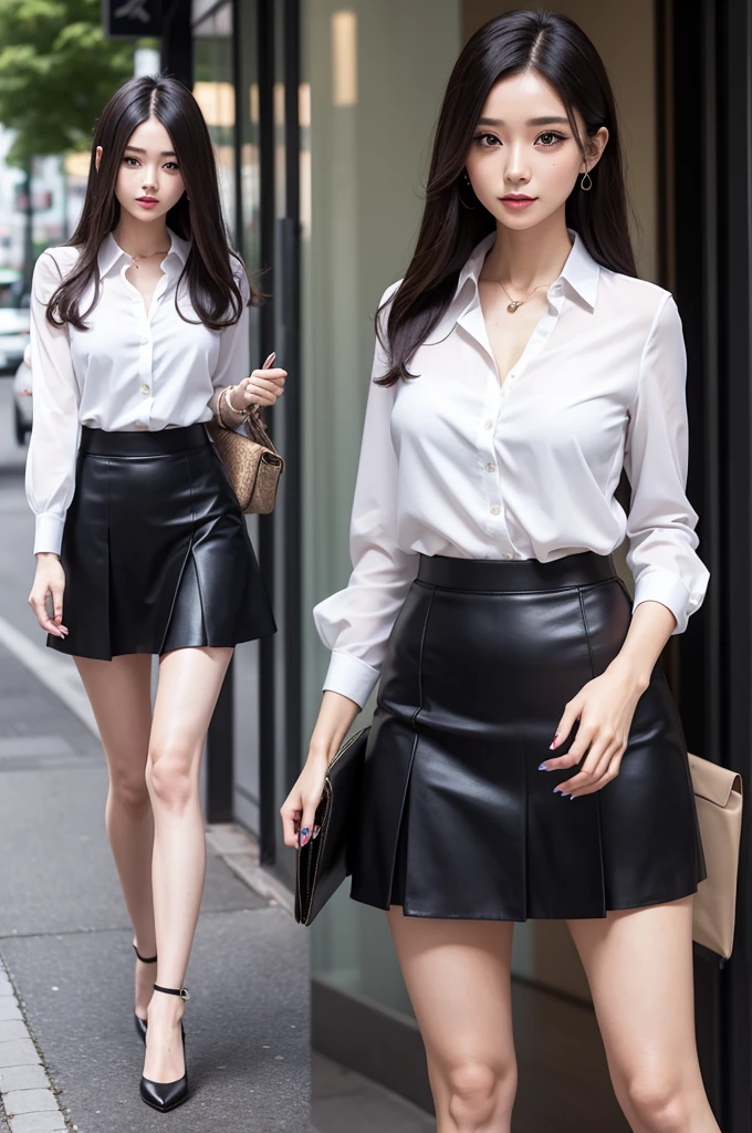 model body, exaggerated makeup, meeting outfit half-length skirt with fitted blouse, messy straight hair